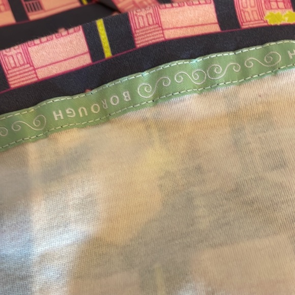 House Hunting print shift dress, pink houses on blue, designed by Borough - Picture 6 of 7